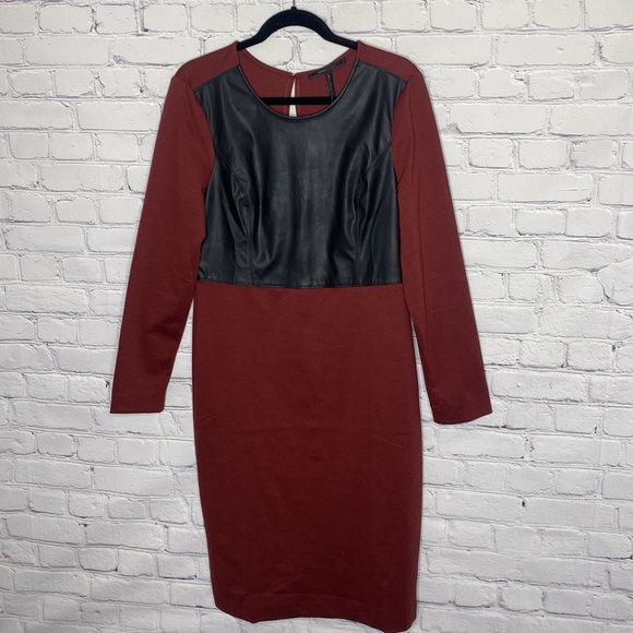 BCBGMaxAzria Mixed Media Faux Leather Knit Long Sleeve Dress - Picture 3 of 8